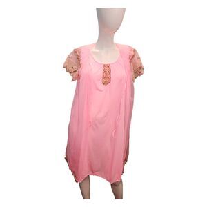 Vintage 70's Pink 2 Piece Nighty Set Womens L Nightgown Lingerie Robe